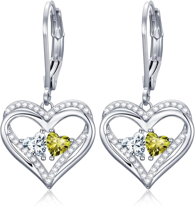 Heart Leverback Earrings Double Birthstone Dangle Earrings for Women, Love Jewelry for Her, Christmas Gifts for Women, Anniversary Birthday Gift for Mom Wife Girlfriend