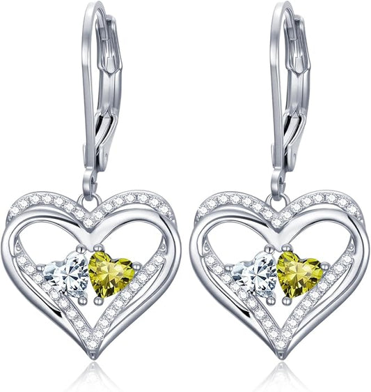 Heart Leverback Earrings Double Birthstone Dangle Earrings for Women, Love Jewelry for Her, Christmas Gifts for Women, Anniversary Birthday Gift for Mom Wife Girlfriend