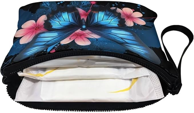 Dolyues Womens Coin Purse Black Change Pouch, Clutch Bags Card Cash Wallet, Zipper Around Coins/Phone Organizer Bag Storage Wallets Blue Butterfly and Pink Flower