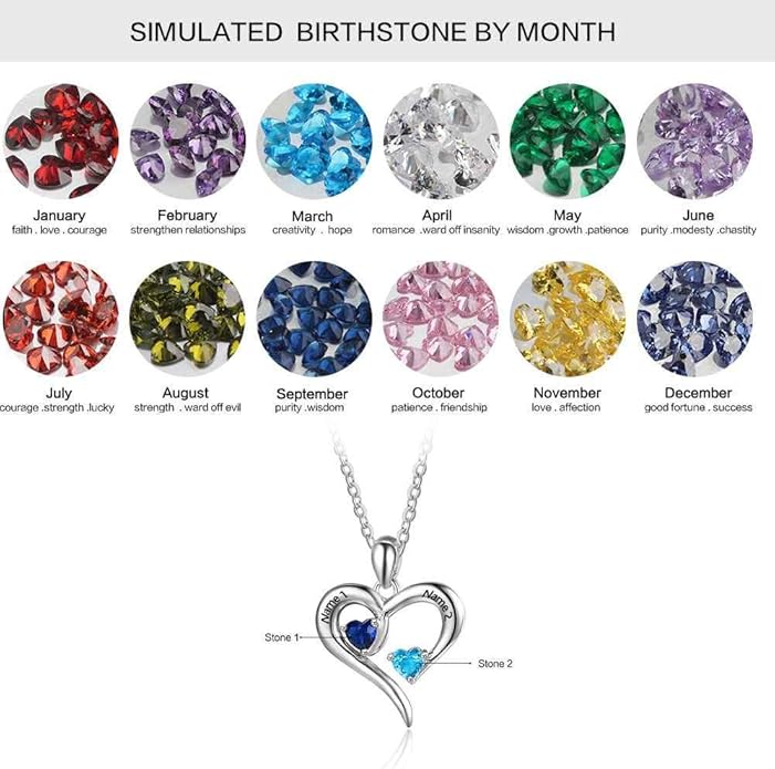 Sterling Silver Personalized 2 Names Necklace with 2 Heart Simulated Birthstone Couple Pendant Necklace for Women