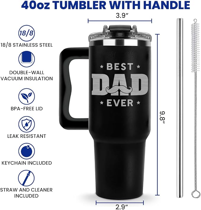 Christmas Gifts For Dad - Best Dad Ever Tumbler 40Oz - Gift for Daddy, Birthday And Fathers Day from Daughter, Son - Cool, Funny Coffee Mug, Proud Papa Cup for Men, Grandfather, Daddy, Elderly