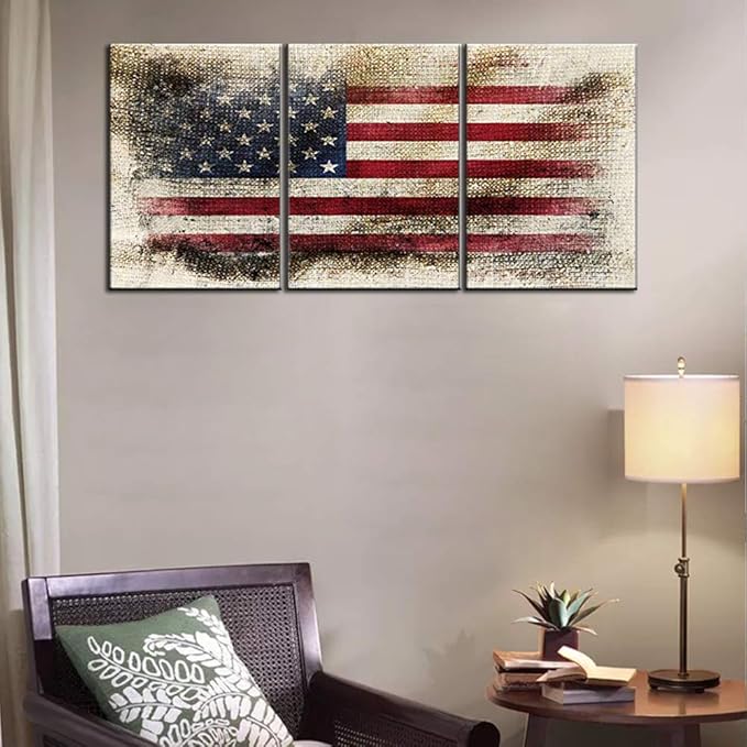 Native America Flag Pictures for Living Room USA Flags Grunge Paintings HD Prints Star Stripe Retro Wall Art on Canvas Patriotism Modern Artwork Wooden House Decor Framed Ready to Hang(42''Wx20''H)