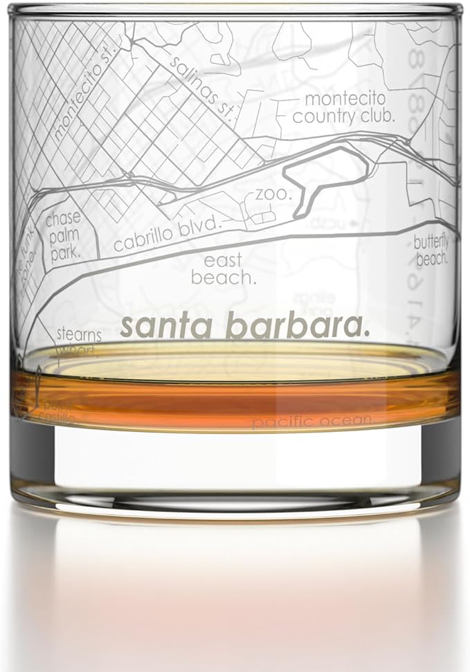 Well Told Engraved Santa Barbara California Map Rocks Glass, Old Fashioned Glassware (11 oz, Clear) Etched Bourbon Tumbler, Gifts For Whiskey Lovers