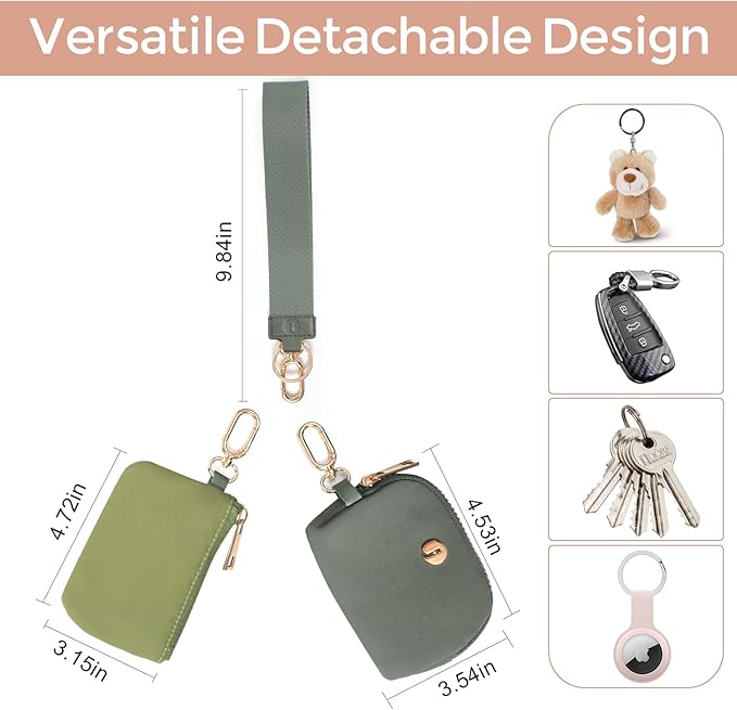 Dual Pouch Wristlet Keychain Wallets for Women with 2 Detachable Zipper Coin Purse - Small and Portable Mini Card Wallet for Women Men Gold Hardware Green+Dark Green