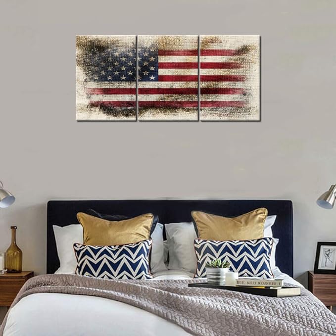 Native America Flag Pictures for Living Room USA Flags Grunge Paintings HD Prints Star Stripe Retro Wall Art on Canvas Patriotism Modern Artwork Wooden House Decor Framed Ready to Hang(42''Wx20''H)