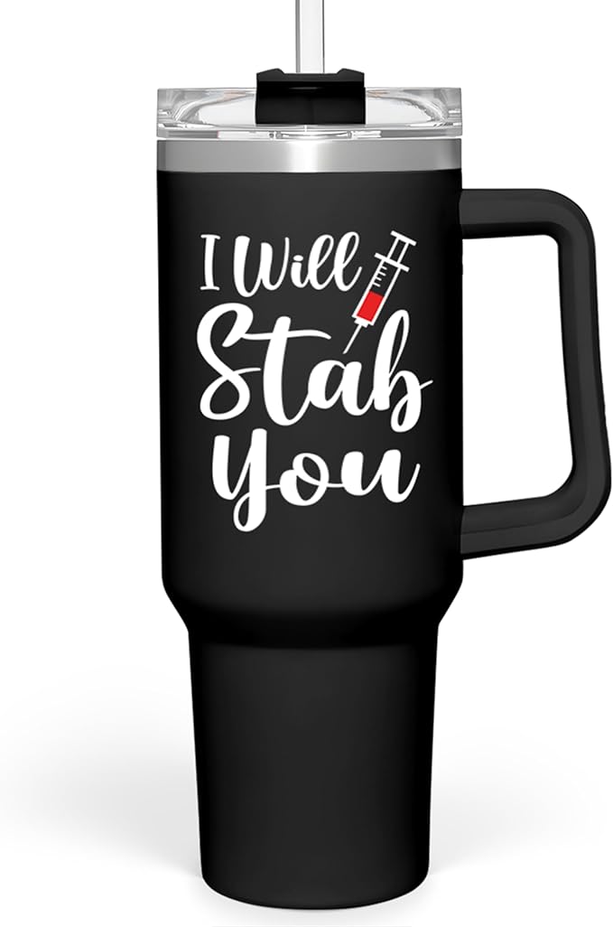 SANDJEST Nurse Gifts I Will Stab You Tumbler with Handle 40oz Stainless Steel Insulated Coffee Cup Funny Nurse Week Present, Nursing School Graduation, Appreciation Gifts for RN Nurses