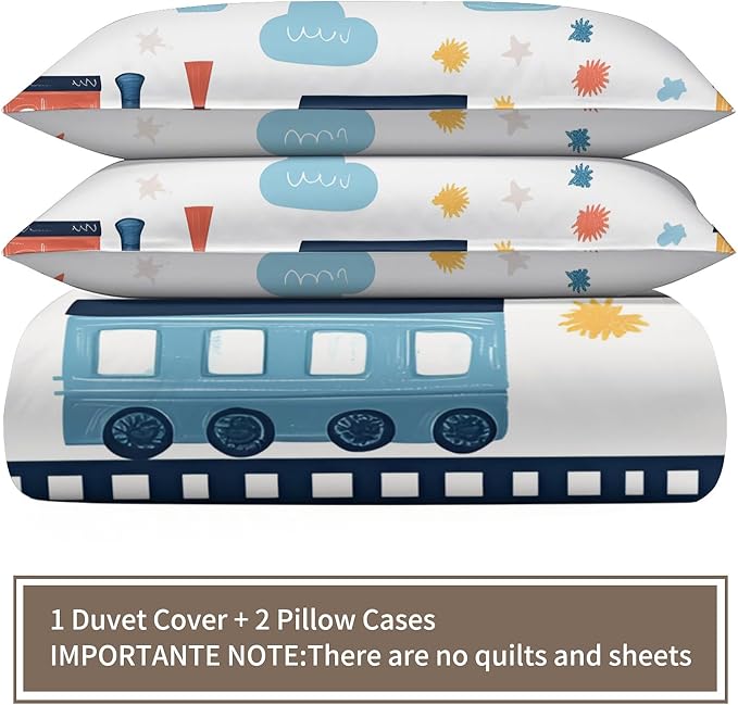 Cartoon Train Bedding Set Queen Size Vintage Train Tracks Duvet Cover Railway Vehicle Comforter Cover Railcar Transport Vehicles Bed Set Soft Microfiber for Bedroom