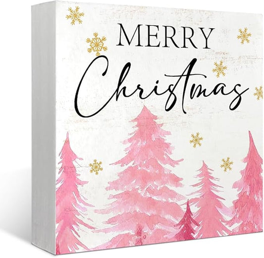 Mtrgdn Pink Christmas Decor Wooden Box Decor Sign,Rustic Merry Christmas Signs for Bedroom Bathroom Home Office Desk Shelf Table Wall Decor,Small Pink Xmas Tree Indoor Decorations Gifts for Women Girls,5x5 Inch