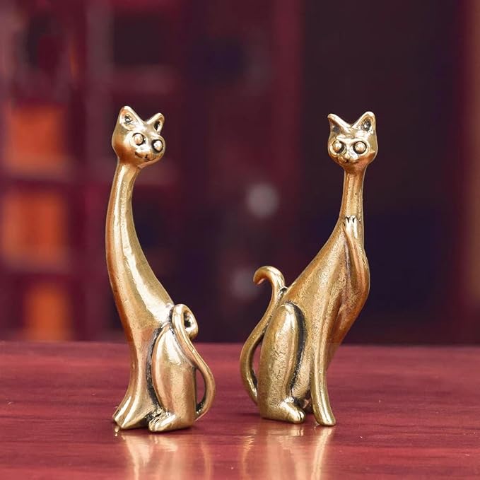 Brass Animals Figurine Decorative,Metal Statue,Set of 2 Pure Brass Long Necked Cat Statues,Exquisite Decor for Bookshelves,Ideal Decor for Home,Office,or Café