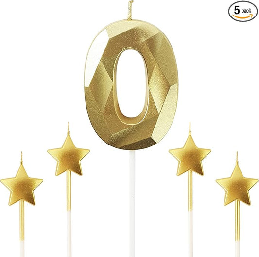 Golden Number 0 & Star Birthday Candles - 2.76 inch 3D Diamond Shaped Candles for Birthday Parties & Anniversary Cake Decorations