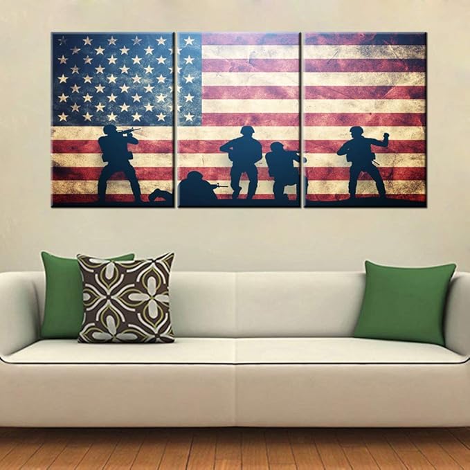 Native American Flag Pictures Soldier Silhouette Paintings Patriotic Wall Art Red Artwork 3 Piece Prints on Canvas Living Room House Decorations Framed Gallery-Wrapped Ready to Hang(42''Wx20''H)