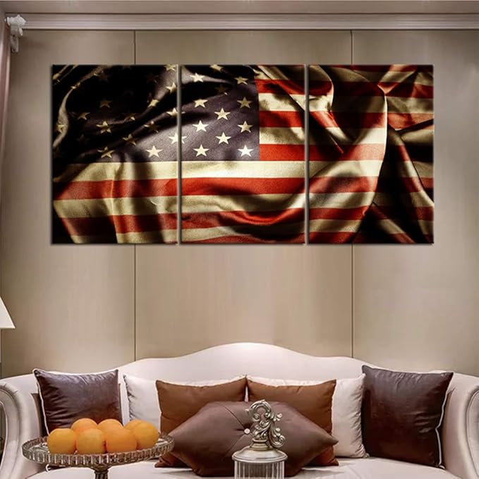 Patriotic Pictures Native American Flag Painting Thin Blue Red Line Artwork 3 Panel Canvas Wall Art for Living Room Home Modern Decor Giclee Wooden Framed Ready to Hang Posters and Prints(48''Wx24''H)