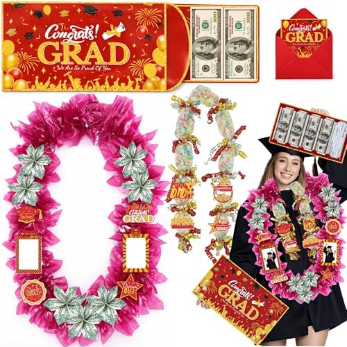 Class of 2026 Graduation Leis with Money Gift Set, 2 pcs Candy Lei Graduation Cash Holder,Personalized Graduation Gifts Money Leis with Photo Frame Congrats Grads Gift Idea for Graduate Party Supplies-Gold Red by Unknown