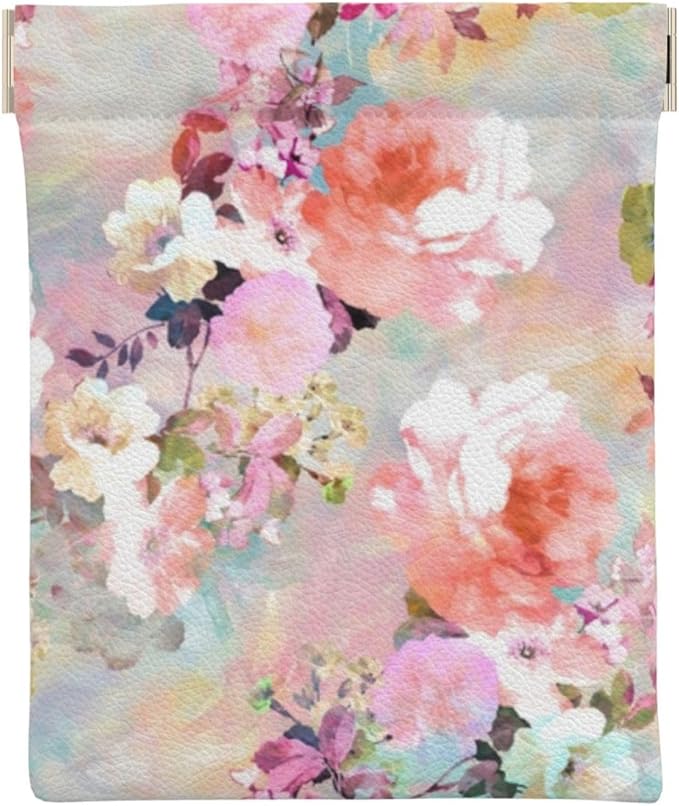 Coin Purse Watercolor Pink Flowers Pattern Leather Squeeze Coin Purse Mini Pouch Change Wallet Bag Gifts for Women Kids Girls Key Holder