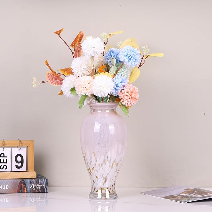 Hand Blown Glass Vase 11.8" Tall Beautiful Pink Sea Wide Mouth Bud Vase for Table Centerpiece, Painted Colorful Murano Glass Flower Vases for - Home Entrance Wedding Center