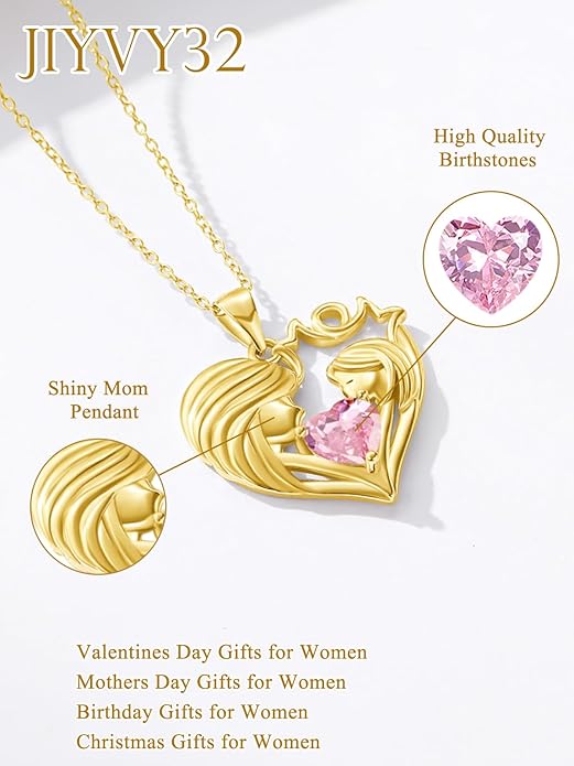 Mother and Daughter/Son Love Heart Necklace White Gold/14K Gold/Rose Gold Birthstone Jewelry Christmas Mothers Day Birthday Gifts For Mom Wife Grandma Women