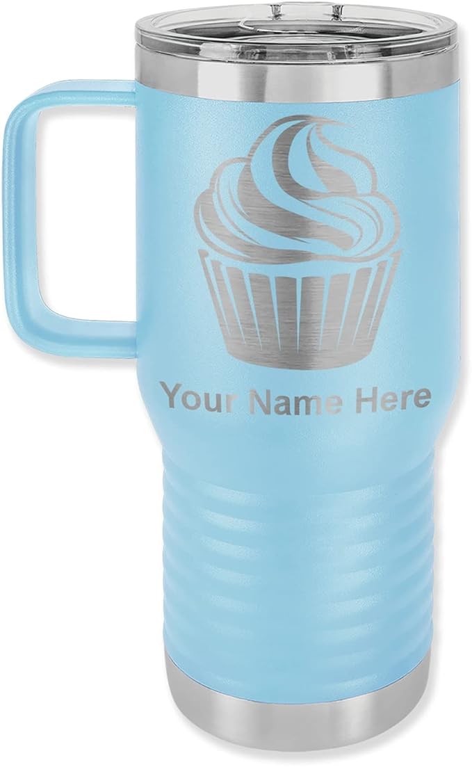 LaserGram 20oz Vacuum Insulated Travel Mug with Handle, Cup Cake, Personalized Engraving Included (Light Blue)