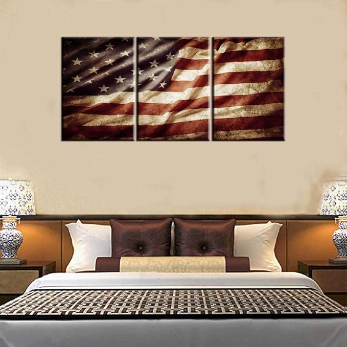 Native American Decor Grunge USA Flag Pictures Stars Stripes Paintings Patriotic Modern Wall Art Artwork3 Piece Printed on Canvas Rustic Home Decor Framed Gallery-Wrapped Ready to Hang(60''Wx28''H)
