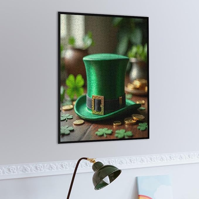 Saint Patrick's Day Green Shamrock Shamrock Hat Lucky Wooden Puzzle 500 Pieces Jigsaw Puzzles for Adults Puzzle Educational Toys Challenging Fun Games Gifts for Elders Kids Family and Friends