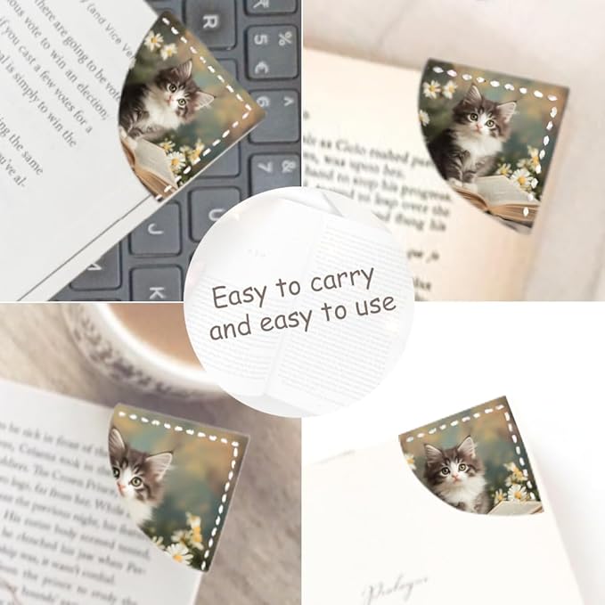 2PCS Leather Bookmarks 3.54 x 3.54 Inch Cute Gray Kitten with Flowers and Book Design Reading Accessories for Books Journals Bibles Travel Diary Students Teachers and Book Lovers Gift