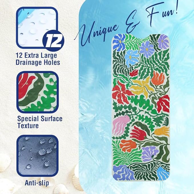 Plant Bathtub Mat Non Slip for Kids 40x16in Extra Long Floral Anti Slip Bath Mat for Tub Abstract Botanical Rustic Shower Mat with Large Drain Holes Suction Cups Flowers Leaves Design Bathroom Decor