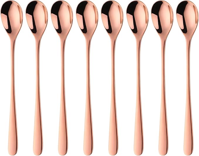 Buyer Star 8-Inch Long Handle Iced Tea Spoons, Ice Cream Spoon, Stainless Steel Cocktail Stirring Spoons, Set of 8 (Rose Gold)
