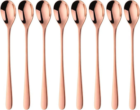Buyer Star 8-Inch Long Handle Iced Tea Spoons, Ice Cream Spoon, Stainless Steel Cocktail Stirring Spoons, Set of 8 (Rose Gold)