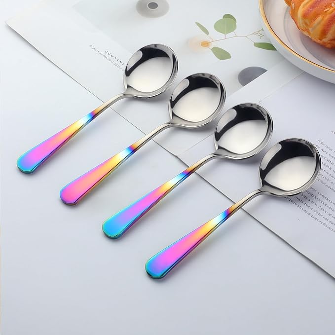 Buyer Star 8 Pieces Stainless Steel Round Soup Spoon, 6.3 Inch Mirror Polished Spoon Cutlery, Dishwasher Safe (Gradual Rainbow)