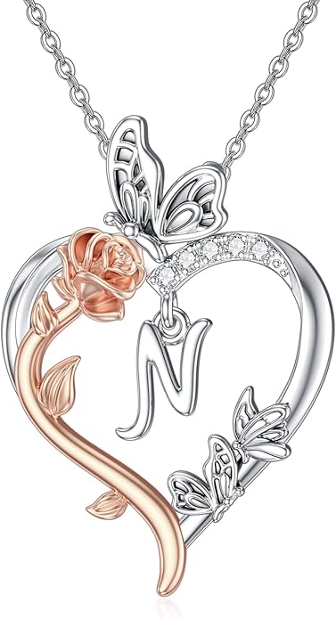 TOUPOP Rose Heart Necklaces Gifts for Women 925 Sterling Silver Butterfly Heart Initial Necklace Anniversary Valentines Day Birthday Jewelry Gifts for Mom Her Wife Girlfriend Daughter