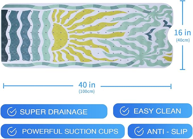 Non Slip Bathtub Mat for Kids Extra Long Anti Slip Bath Mat for Tub Abstract Art Sun Bath Shower Mat with Large Drain Holes and Suction Cups Quality Tropical Palm Tree Design Bathroom Decor 40x16in