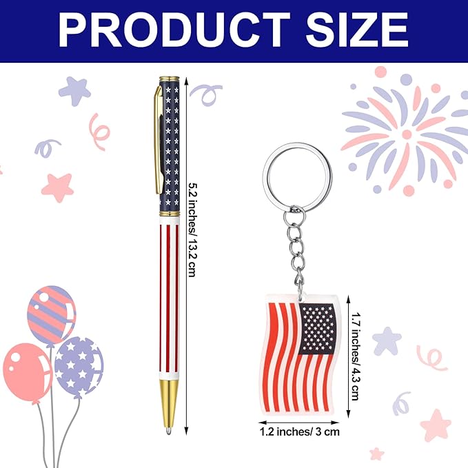48 Pcs Independence Day Metal Ballpoint Pens American Flag Keychain Set Gold Retractable Pens USA Key Chains Office Patriotic 4th of July Party Favors for Veterans Day(Flag)