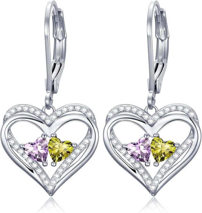 Heart Leverback Earrings Double Birthstone Dangle Earrings for Women, Love Jewelry for Her, Christmas Gifts for Women, Anniversary Birthday Gift for Mom Wife Girlfriend