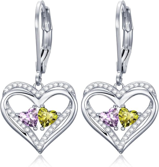 Heart Leverback Earrings Double Birthstone Dangle Earrings for Women, Love Jewelry for Her, Christmas Gifts for Women, Anniversary Birthday Gift for Mom Wife Girlfriend