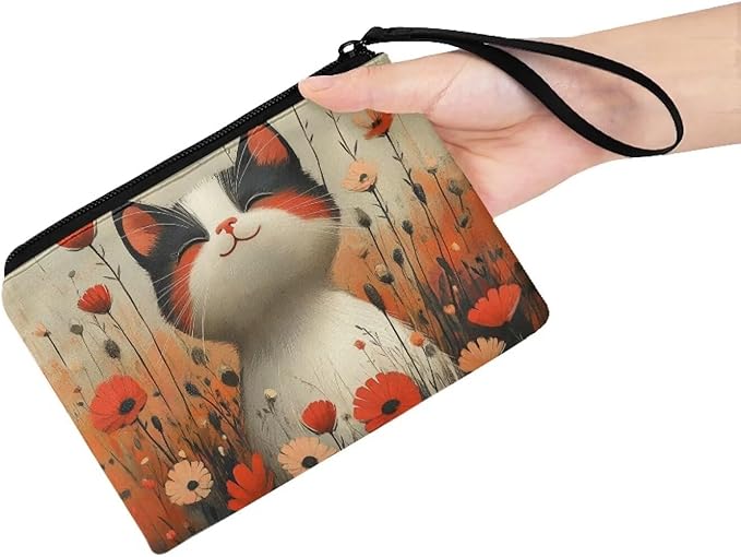 Dolyues Cat Flower Change Purses for Women Zipper Coin Purse Floral Coin Pouch With Wristlet Cute Wallets for Shopping Travel and Work