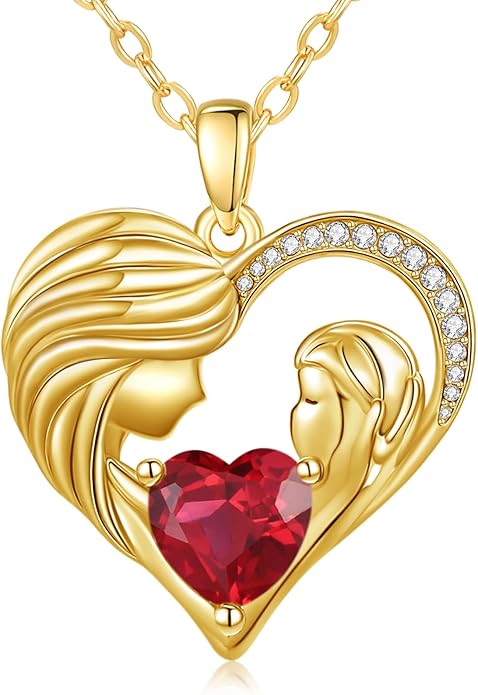 Mother and Daughter/Son Love Heart Necklace White Gold/14K Gold/Rose Gold Birthstone Jewelry Christmas Mothers Day Birthday Gifts For Mom Wife Grandma Women