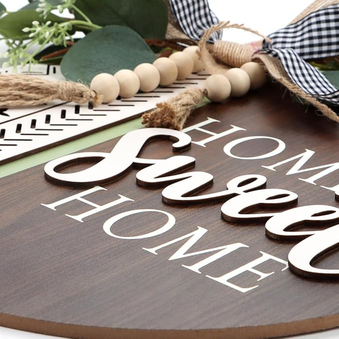 TOARTi 3D Welcome Front Door Wreath Porch Decor, Wooden Home Sweet Home Boho Outdoor Sign Hanging, Farmhouse Aztec Wall Sign Hanger with Artificial Leaves&Rustic Beads