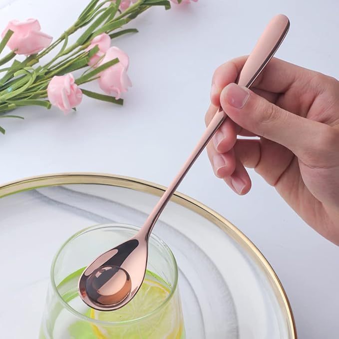Buyer Star 8-Inch Long Handle Iced Tea Spoons, Ice Cream Spoon, Stainless Steel Cocktail Stirring Spoons, Set of 8 (Rose Gold)
