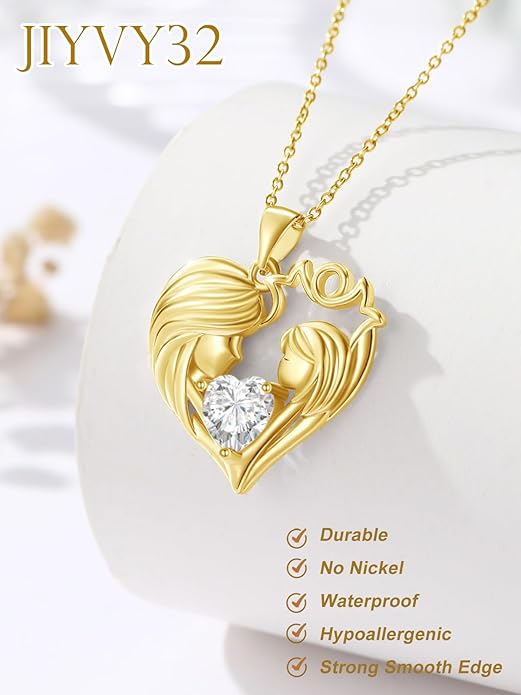 Mother and Daughter/Son Love Heart Necklace White Gold/14K Gold/Rose Gold Birthstone Jewelry Christmas Mothers Day Birthday Gifts For Mom Wife Grandma Women