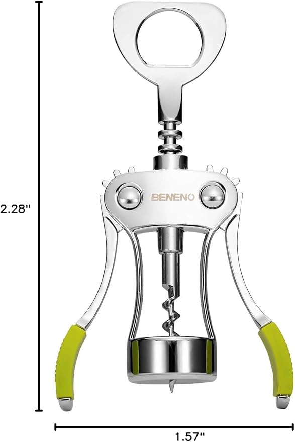 Beneno Wine Opener, Zinc Alloy Premium Wing Corkscrew with Multifunctional Bottles Opener, Sharp Wine Corkscrew with Ergonomic Non-Slip Wing Handle, Green