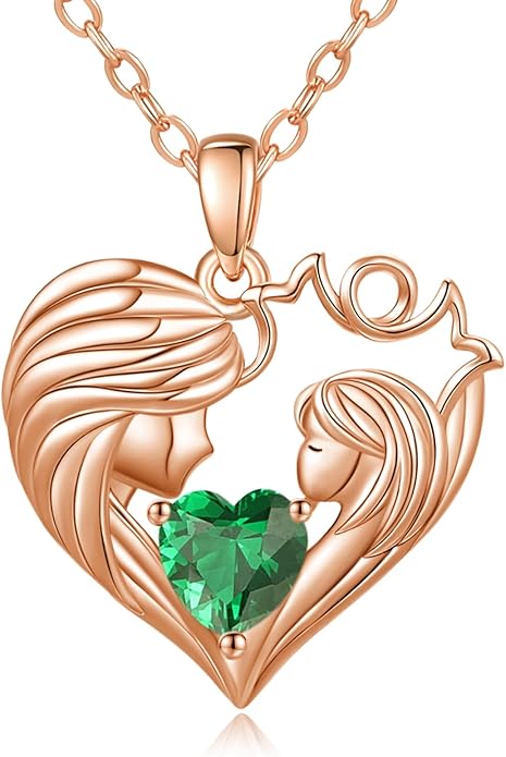 Mother and Daughter/Son Love Heart Necklace White Gold/14K Gold/Rose Gold Birthstone Jewelry Christmas Mothers Day Birthday Gifts For Mom Wife Grandma Women