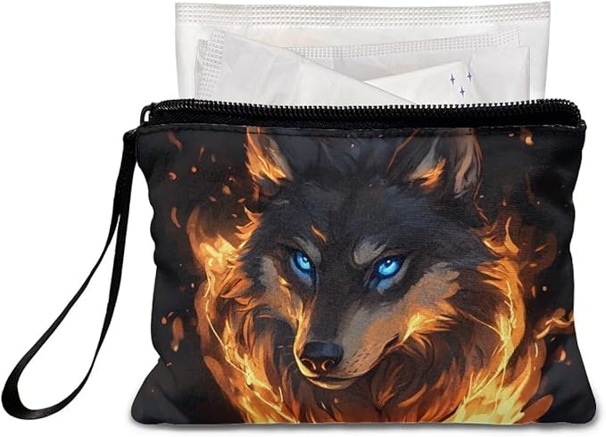 Dolyues Wolf Fire Coin Purse Pouch Animal Print Coin Change Purses Cool Coin Holders For Kids Zipper Wallet with Hand Wristlet Lightweight and Portable