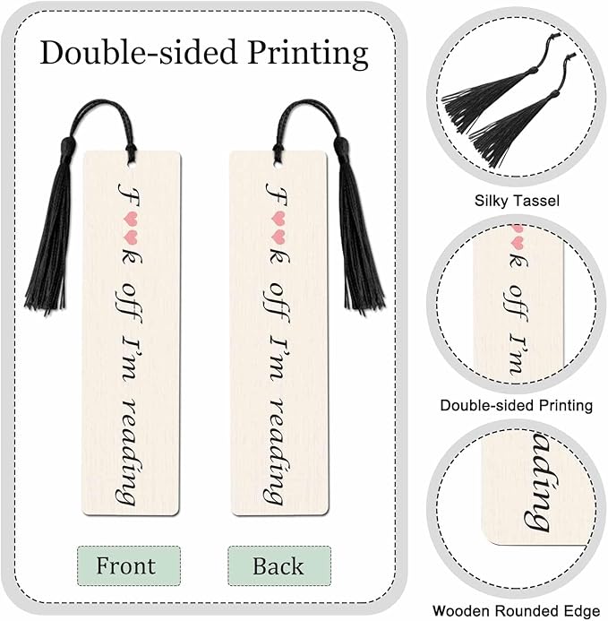 Funny Word Bookmarks Set 5 with Tassels Love Heart Wooden Bookmarks for Reading Women Men Students Teachers School Supplies