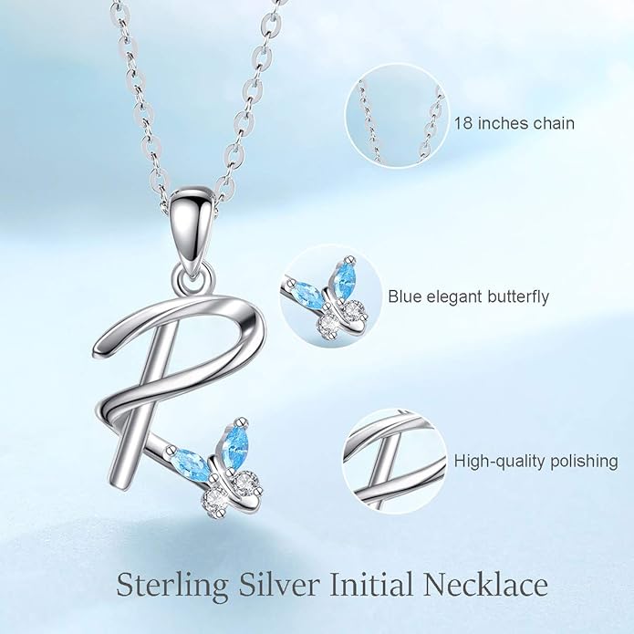 EUDORA Sterling Silver Butterfly Initial Necklaces for Women, Elegant Letter Neckles Personalized Gift for Mother, Sister, Daughter, 18 inch Chai