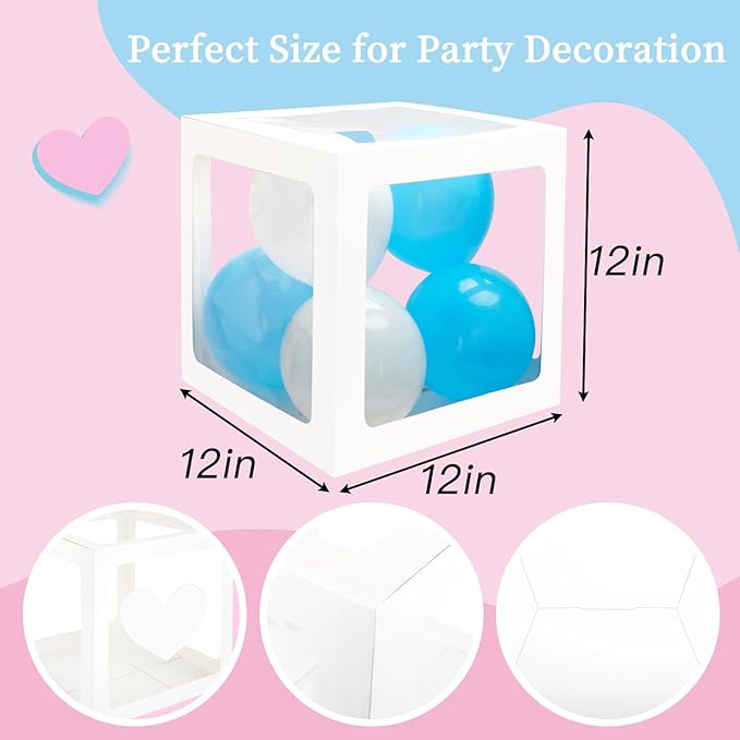 RUBFAC Baby Boxes with 41 Letters and 36 Balloons, 4pcs Clear Balloon Boxes for Baby Shower Gender Reveal Girl Boy Blocks Birthday Party Decorations
