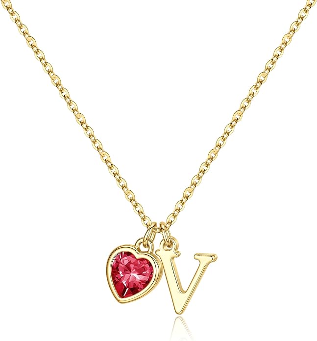 Turandoss Valentines Day Gifts for Her Trendy, Dainty 14K Gold Plated Initial A-Z Heart Birthstone Pendant Necklace Personalized Bridesmaid Birthday Valentines Jewelry Gifts for Women Girls