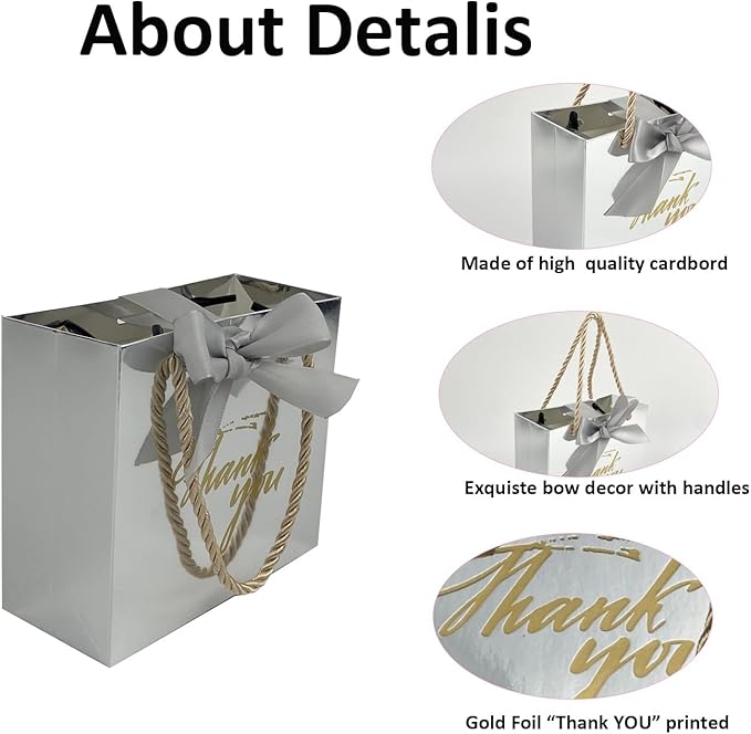TKSBAG 50 Pack Small Thank You Gift Bags with Handles, 5.5''x 2.5''x4.7'' Mini Silver Gift Bags Bulk for Baby Shower, Birthday, Wedding, Party Favors