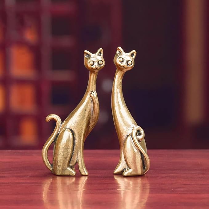 Brass Animals Figurine Decorative,Metal Statue,Set of 2 Pure Brass Long Necked Cat Statues,Exquisite Decor for Bookshelves,Ideal Decor for Home,Office,or Café