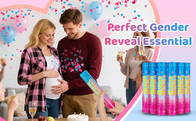 Gender Reveal Confetti Cannons – 6 Pack (3 Blue & 3 Pink) – Baby Gender Reveal Cannon Kit with Heart-Shaped Confetti – Easy Twist Party Poppers for Boy or Girl Baby Reveal Decorations