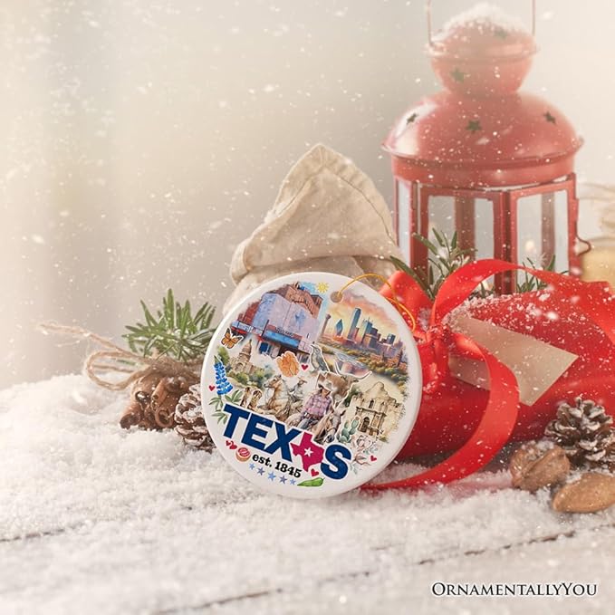 Artistic Watercolor Texas Cultures and Landmarks Ceramic Ornament, Travel Gift and Christmas Tree Decor