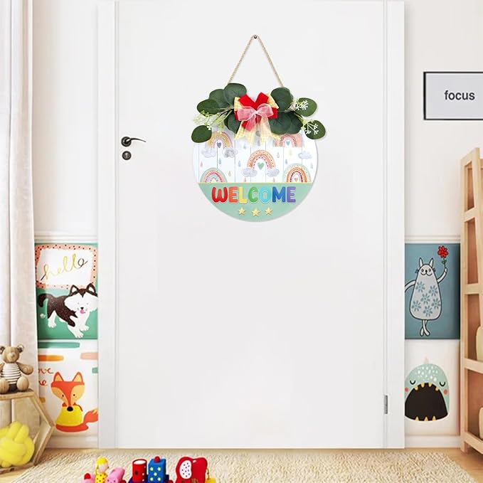 CHDITB Rainbow Welcome Sign, Wreath Wood Hanging Plaque, Welcome Door Sign, Raindrop Wreath Round Wall Art Sign Hanger Classroom Wall Decor for Nursery Kid Room Playroom Decor-14.9x14.9 inch